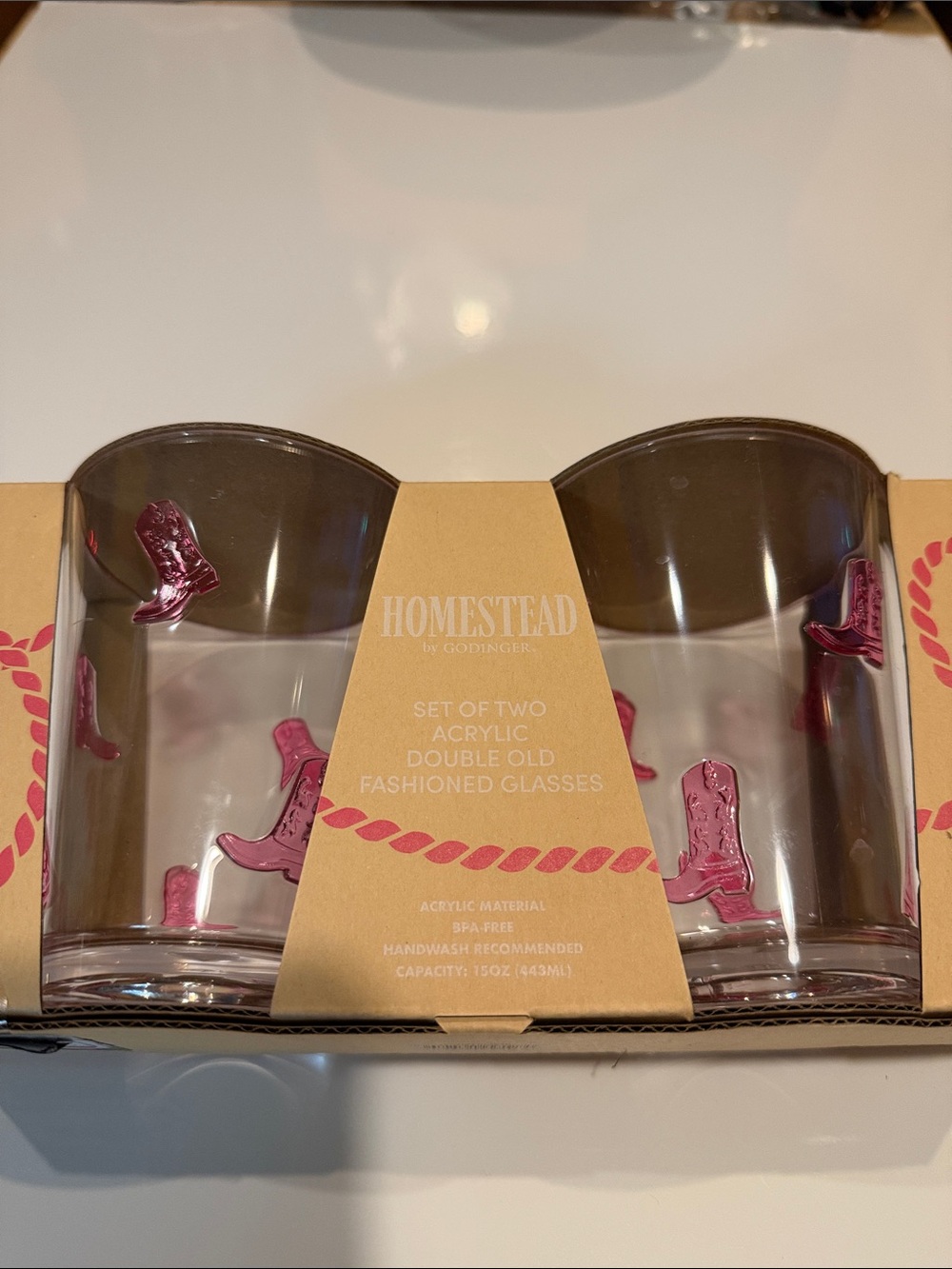 Homestead Set of 2 Acrylic Double Old Fashioned Glasses - Pink Boot Accent